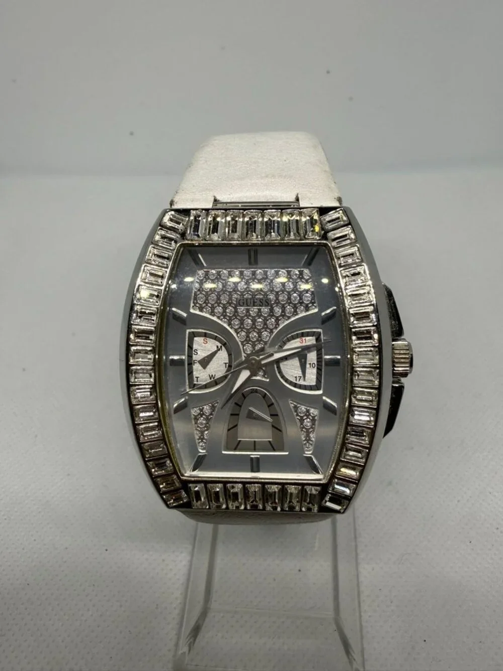 Guess Ladies Silver Multifunction Watch Rhinestone Rectangular Case W18532L2